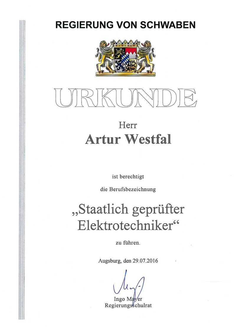 Urkunde Staatlich geprüfter Elektrotechniker